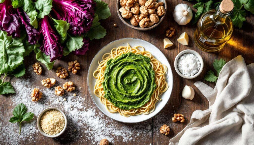Pesto di radicchio trevigiano e noci, salsa invernale dal sapore deciso, perfetta per pasta, polenta e crostini
