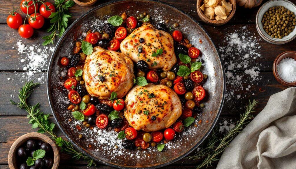Pollo in padella alla mediterranea: olive, pomodori secchi e capperi, tutto in un'unica preparazione