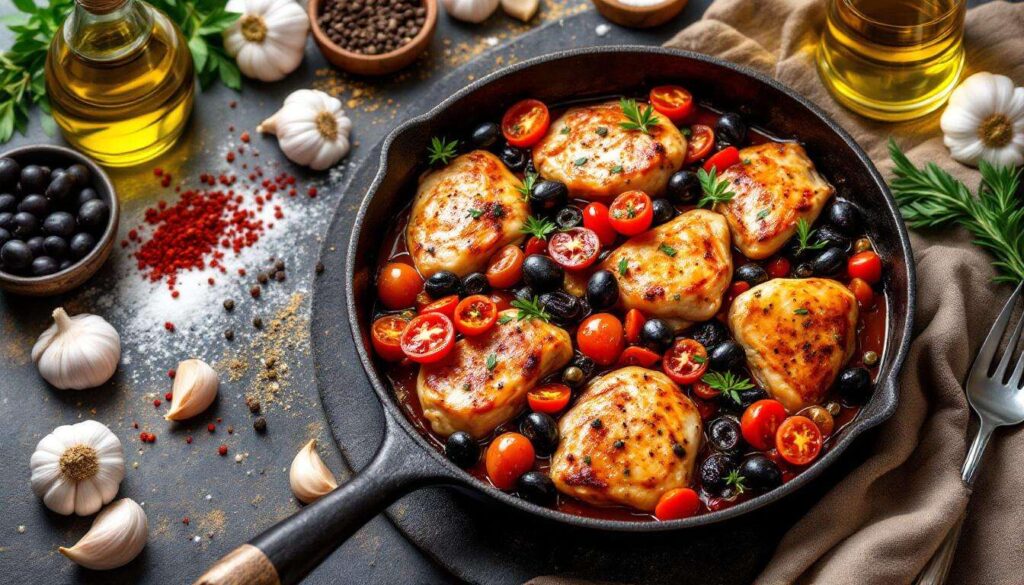 Pollo in padella alla mediterranea: olive, pomodori secchi e capperi, tutto in un'unica pentola