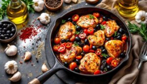 Pollo in padella alla mediterranea: olive, pomodori secchi e capperi, tutto in un'unica pentola